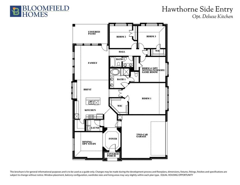 Bloomfield Homes Hawthorne Side Entry floor plan with four bedrooms, two bathrooms, family room, kitchen, and two-car garage. Bloomfield Homes Hawthorne Side Entry floor plan with four bedrooms, two bathrooms, family room, kitchen, and two-car garage.
