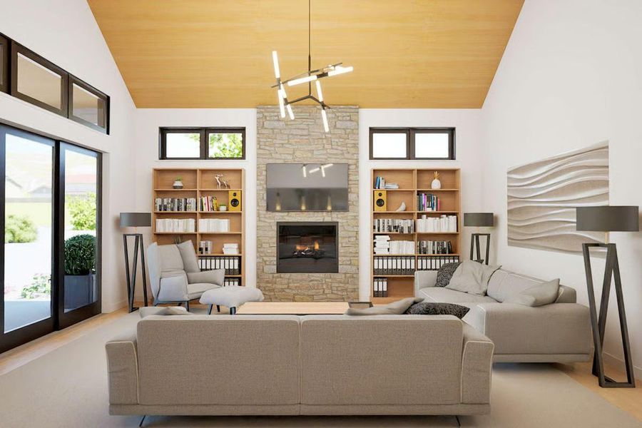 Built-in bookcases frame the fireplace, creating a cozy and inviting space for relaxation. Built-in bookcases frame the fireplace, creating a cozy and inviting space for relaxation.