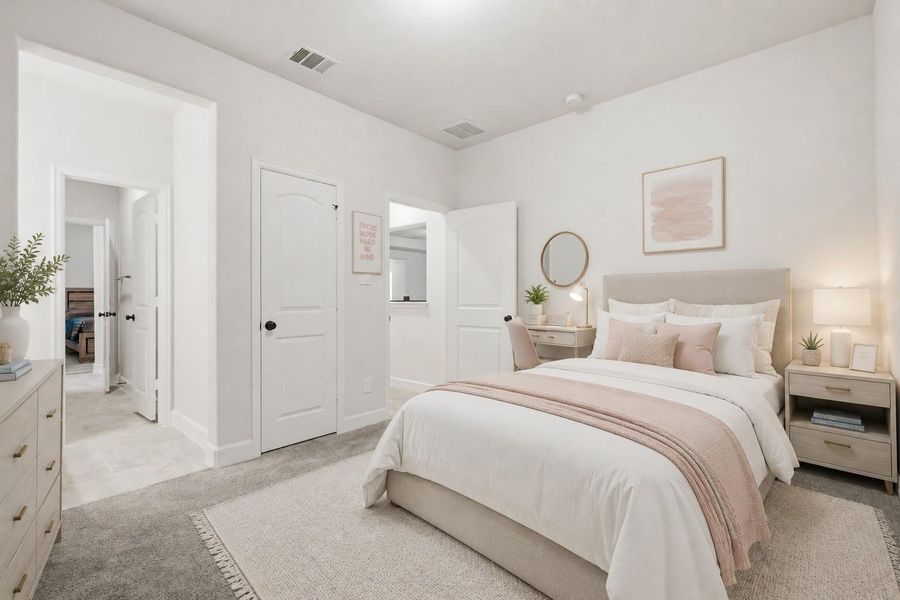This inviting virtually staged bedroom features a soft, neutral color palette with a cozy bed, stylish decor, and ample natural light. It includes a small workspace and access to an adjoining room, offering both comfort and functionality. This inviting virtually staged bedroom features a soft, neutral color palette with a cozy bed, stylish decor, and ample natural light. It includes a small workspace and access to an adjoining room, offering both comfort and functionality.
