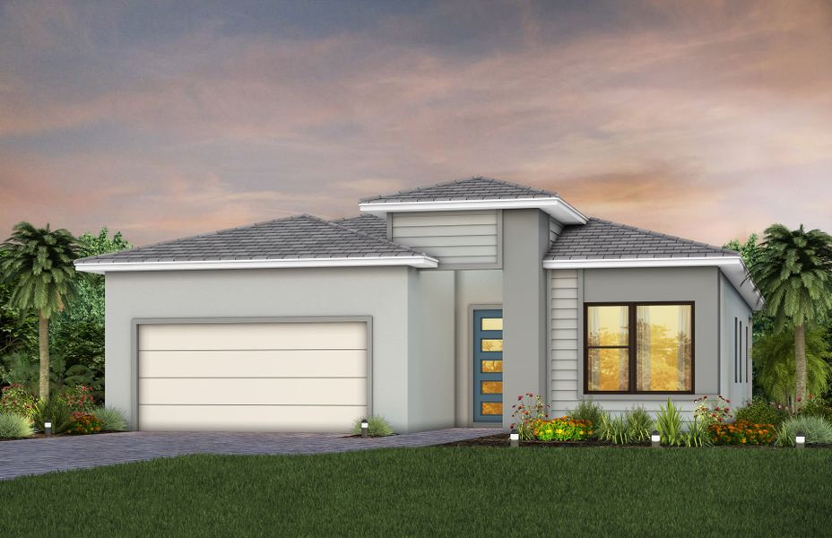 Front exterior of a new home in Del Webb Catalina, Lakewood Ranch, FL, highlighting curb appeal (Image 1). Front exterior of a new home in Del Webb Catalina, Lakewood Ranch, FL, highlighting curb appeal (Image 1).