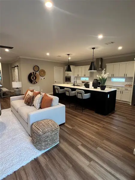 Living area featuring crown molding, dark wood-type flooring, and recessed lighting
