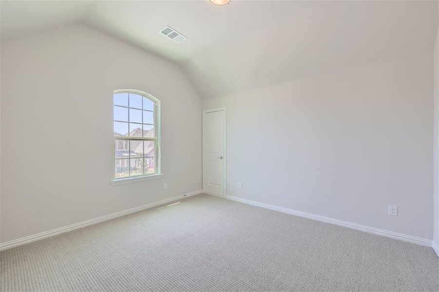 Unfurnished room with carpet flooring and vaulted ceiling