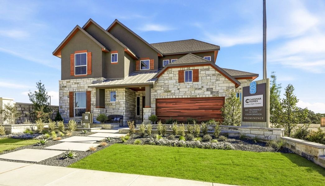 Front exterior of a new home in Prominence, San Antonio, TX, highlighting curb appeal (Image 26).