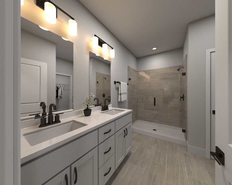 The primary bathroom offers dual vanity sinks and a walk-in closet.