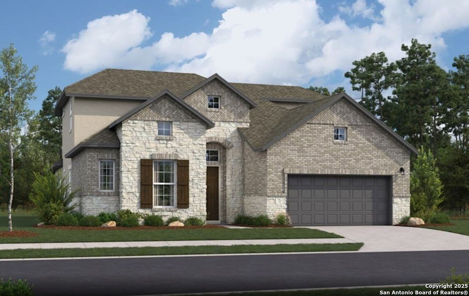 Front exterior of a new home in Cibolo Crossing, Universal City, TX, highlighting curb appeal (Image 1). Front exterior of a new home in Cibolo Crossing, Universal City, TX, highlighting curb appeal (Image 1).