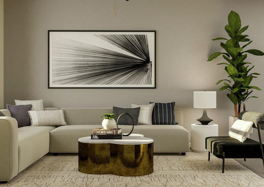 Rendering of the living area featuring
  large furniture and dÃ©cor.