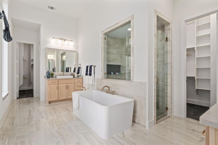 Full bath with a spacious closet, vanity, a freestanding bath, and a shower stall Full bath with a spacious closet, vanity, a freestanding bath, and a shower stall