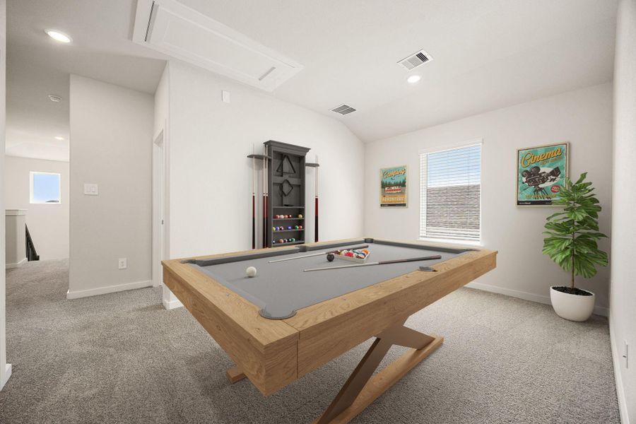 Enjoy a day of fun and relaxation in this fabulous game room! Ideal as a hangout spot or an adult retreat, this inviting space features plush carpeting, high ceilings, recessed lighting, neutral tone paint, and a large window with privacy blinds. *Virtually Staged Enjoy a day of fun and relaxation in this fabulous game room! Ideal as a hangout spot or an adult retreat, this inviting space features plush carpeting, high ceilings, recessed lighting, neutral tone paint, and a large window with privacy blinds. *Virtually Staged