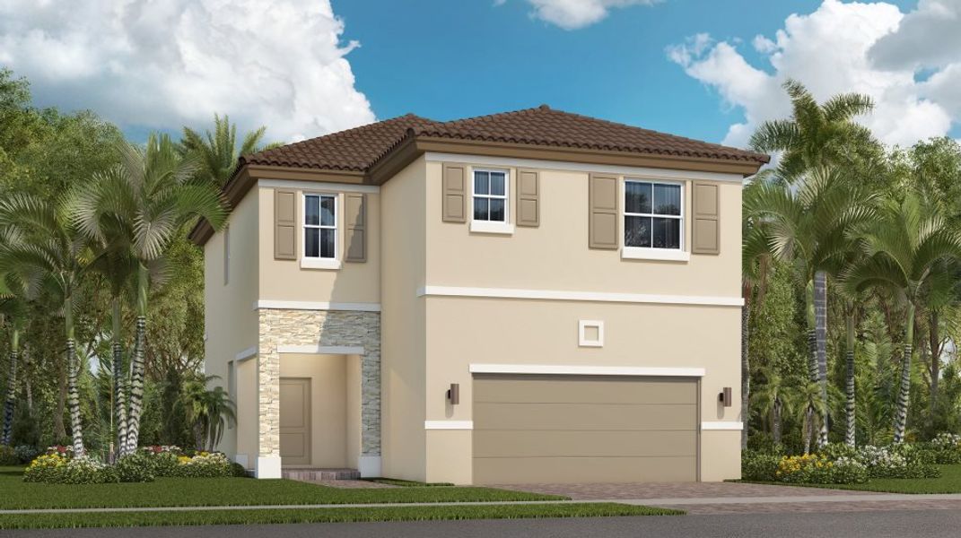 Exterior with Stucco siding, a hipped roofline and window shutters