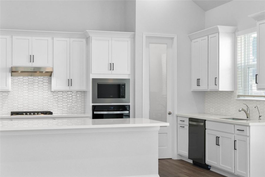 The pantry door is a modern, single-panel door featuring frosted glass insert. This pantry contributes to the bright and cohesive kitchen aesthetic. The pantry door is a modern, single-panel door featuring frosted glass insert. This pantry contributes to the bright and cohesive kitchen aesthetic.