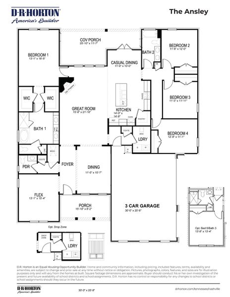 2D floor plan layout for the ANSLEY by D.R. Horton in Harvest Point, Spring Hill, TN (Image 5).