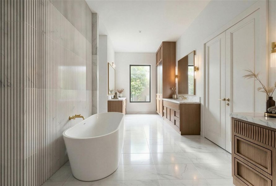 Rendering: Primary bath includes a large shower, soaking tub, and beautiful fluted marble.