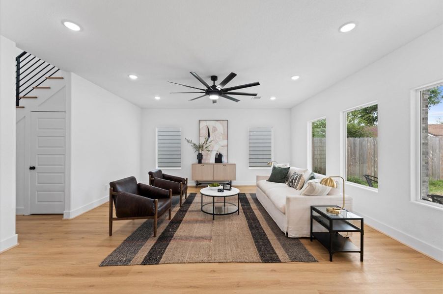 The living room offers comfort and relaxation where you can imagine your furniture in a variety of configurations.