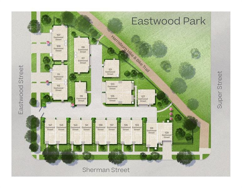 Site Plan for Eastwood Park! 113 Eastwood is located directly on the corner with access directly along the Harrisburg Hike & Bike Trail!