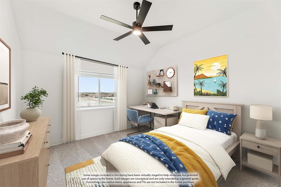 Bedroom with vaulted ceiling, ceiling fan, built-in desk, and nautical-themed bedding near a large window Bedroom with vaulted ceiling, ceiling fan, built-in desk, and nautical-themed bedding near a large window