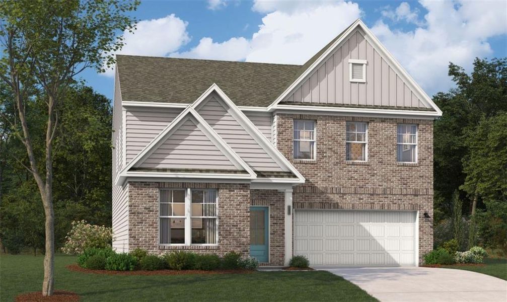 Front exterior of a new home in Riverside Ridge, Lawrenceville, GA, highlighting curb appeal (Image 1).