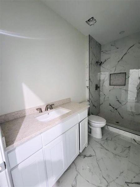 Bathroom with toilet, vanity, and a tile shower