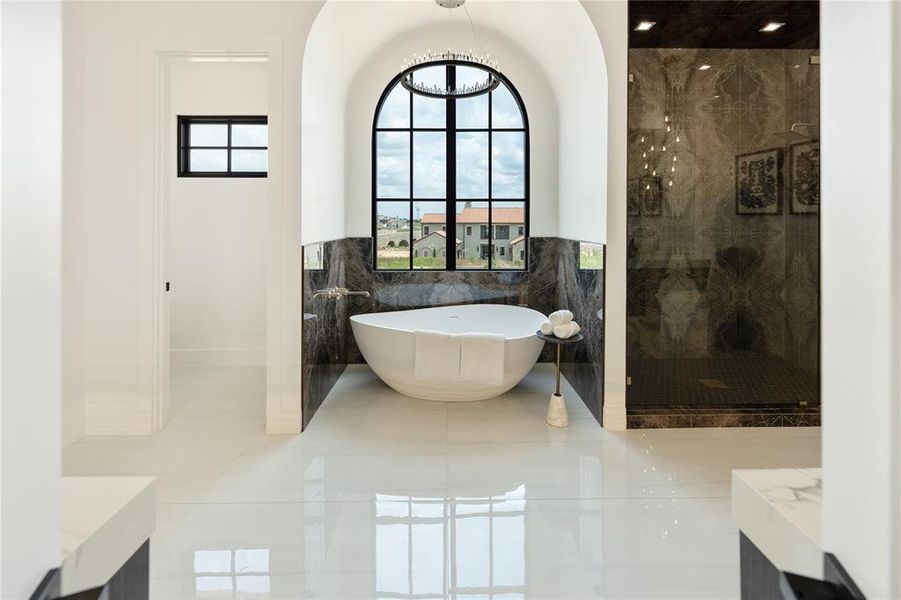 Master Bathroom Featuring Unique Soaking Tub