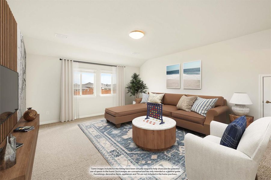 Living room with brown sectional sofa, round coffee table, carpet flooring, and wood TV console against accent wall. Living room with brown sectional sofa, round coffee table, carpet flooring, and wood TV console against accent wall.