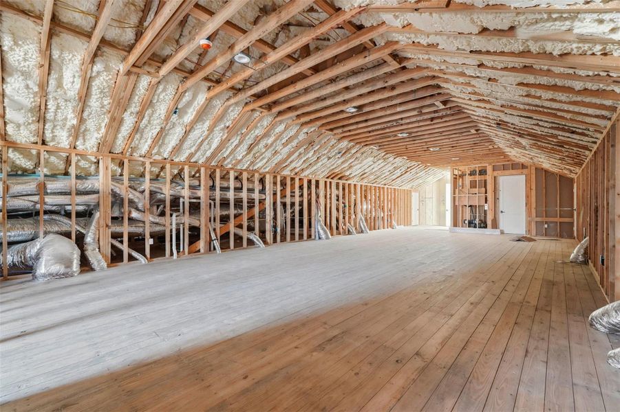 This spacious 1,500 sf attic features exposed wooden beams and spray foam insulation, offering potential for customization. Ideal for storage or finishing as a living space. Elevator services all three levels. This spacious 1,500 sf attic features exposed wooden beams and spray foam insulation, offering potential for customization. Ideal for storage or finishing as a living space. Elevator services all three levels.