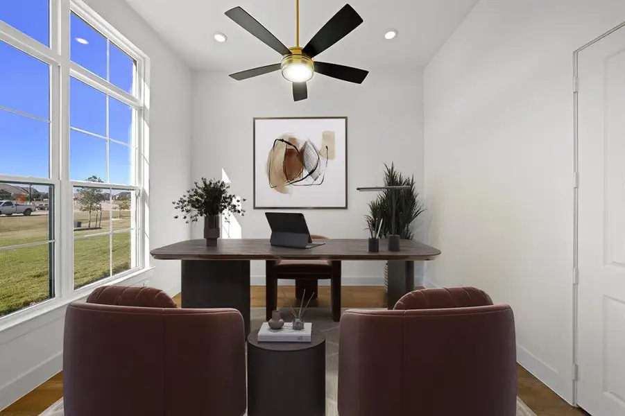 Office featuring recessed lighting, ceiling fan, and dark wood-style floors