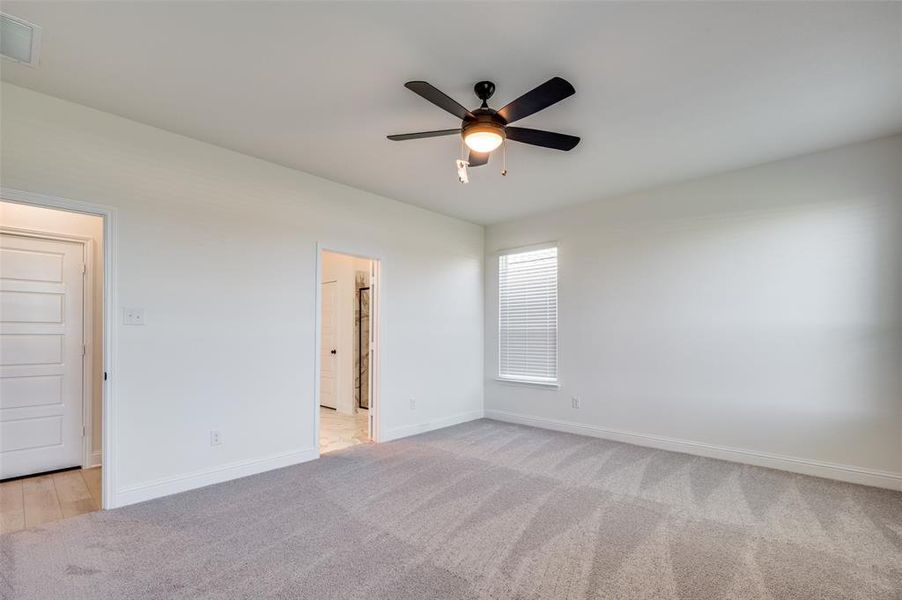 Unfurnished room with light colored carpet and a ceiling fan Unfurnished room with light colored carpet and a ceiling fan