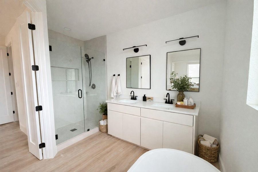 Full bath with double vanity, virtually staged