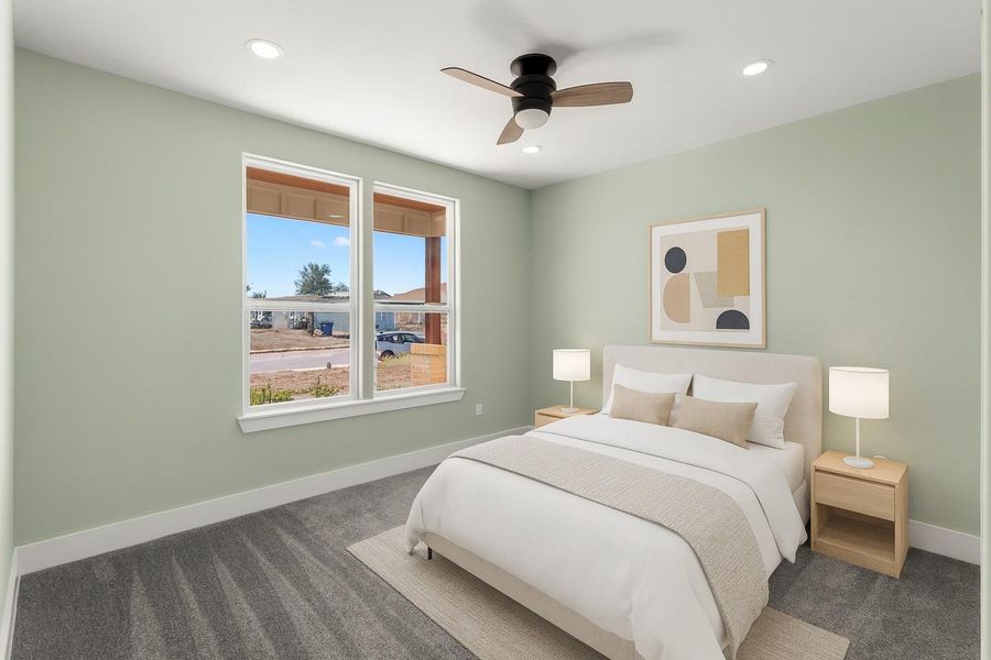 Virtually staged Bedroom number 1 featuring carpet, a ceiling fan, and recessed lighting