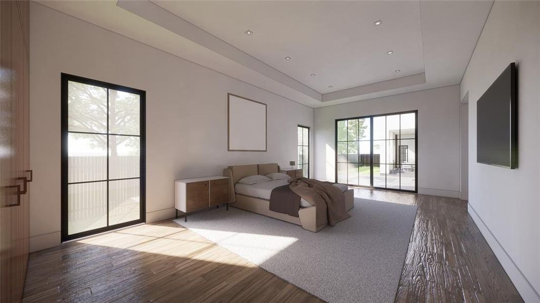 Lavish primary bedroom with oversized windows