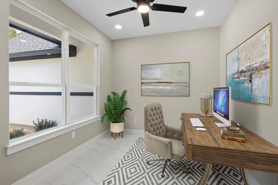 Virtually Staged: An ideal work-from-home sanctuary or quiet study. The spacious layout leaves plenty of room for executive furniture, complemented by integrated recessed lighting and a modern ceiling fan. Virtually Staged: An ideal work-from-home sanctuary or quiet study. The spacious layout leaves plenty of room for executive furniture, complemented by integrated recessed lighting and a modern ceiling fan.