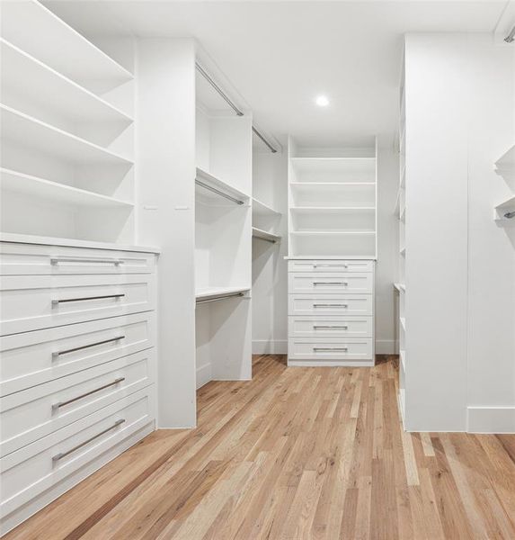 Spacious closet with built in desk and light wood-type flooring