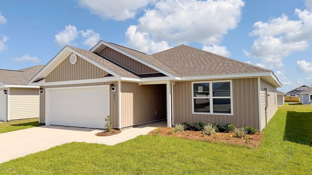 Front exterior of a new home in Liberty, Panama City, FL, highlighting curb appeal (Image 2). Front exterior of a new home in Liberty, Panama City, FL, highlighting curb appeal (Image 2).