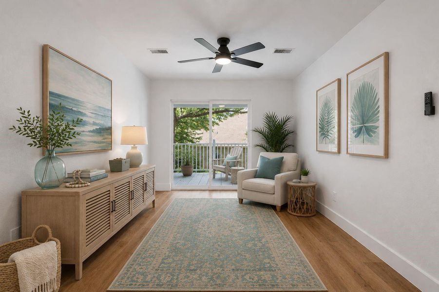 Upstairs bonus room with exterior doors to the second floor balcony. Virtually furnished to imagine its full potential. Upstairs bonus room with exterior doors to the second floor balcony. Virtually furnished to imagine its full potential.