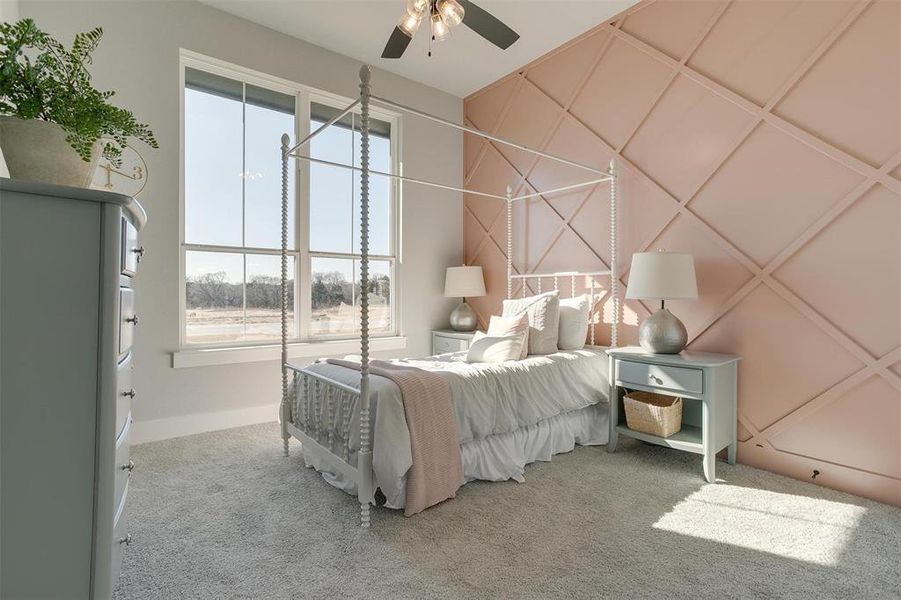 Bedroom with carpet and ceiling fan