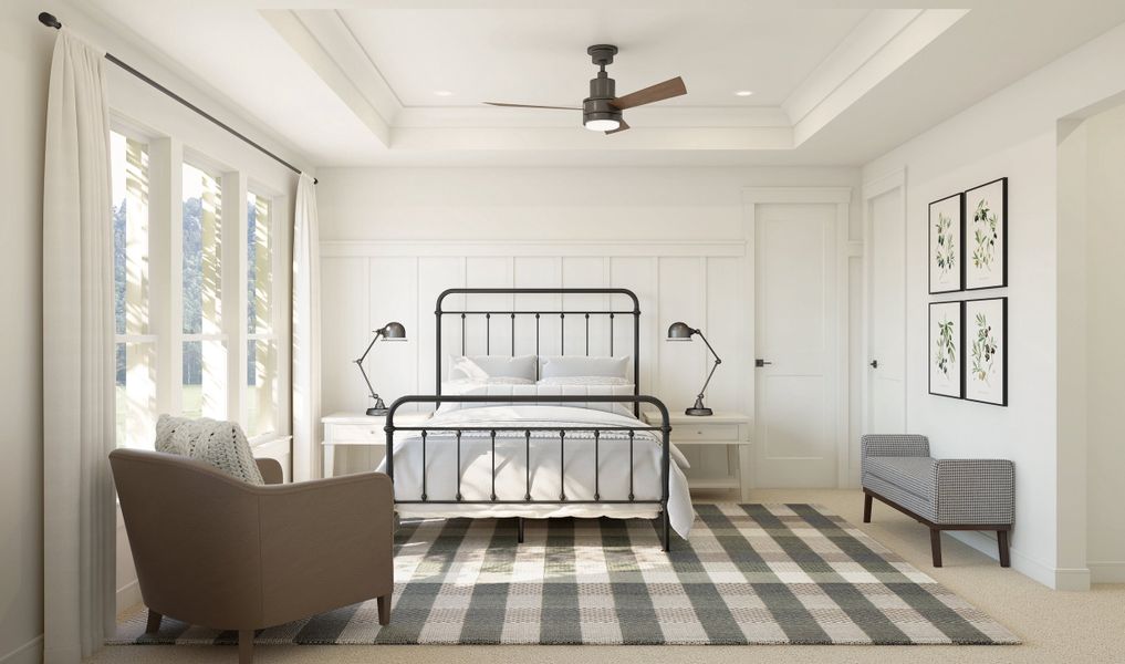 Primary suite with crown moulding and feature wall