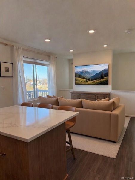 Example of the island top extended for seating and living area