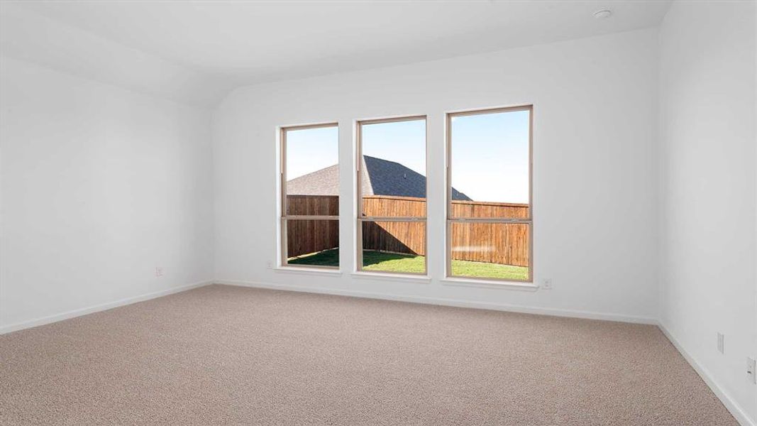 Carpeted empty room featuring vaulted ceiling and plenty of natural light