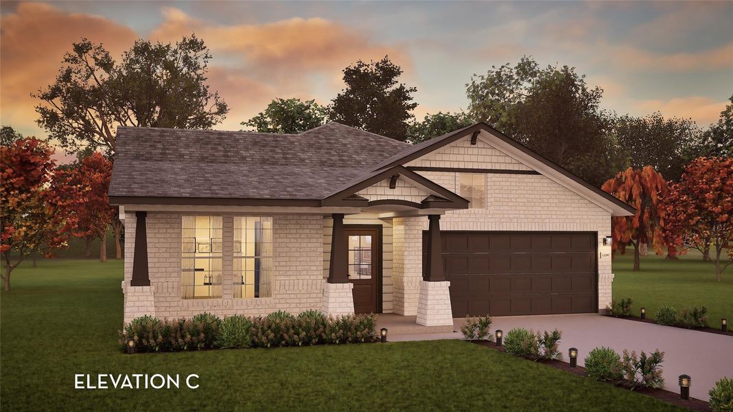 Front exterior of a new home in Sunfield, Buda, TX, highlighting curb appeal (Image 1).