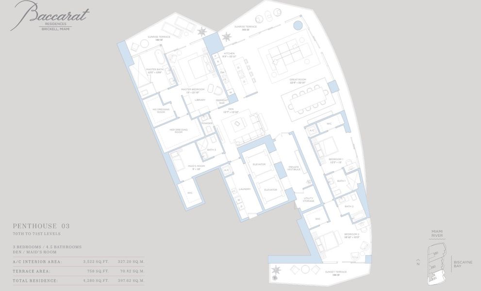 2D floor plan layout for the penthouse 3 by Related Group in Baccarat Residences Miami, Miami, FL (Image 1).
