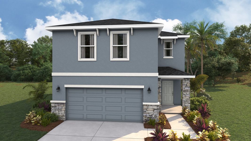 Representative exterior photo of a completed home built from the Elston by D.R. Horton in Oakfield Trails, Parrish, FL (Image 2). Representative exterior photo of a completed home built from the Elston by D.R. Horton in Oakfield Trails, Parrish, FL (Image 2).