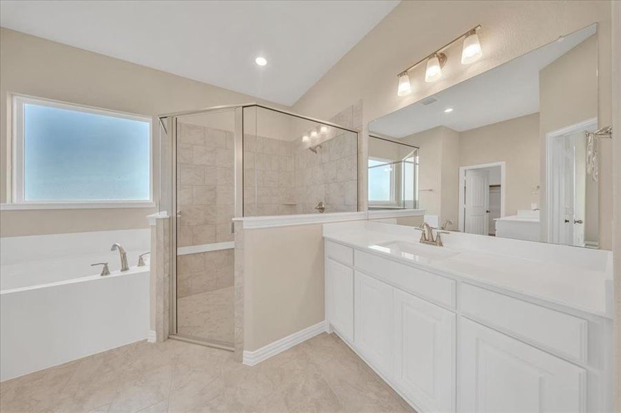 Bathroom featuring vanity, a garden tub, and a shower stall Bathroom featuring vanity, a garden tub, and a shower stall