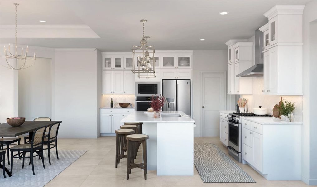 Stylish kitchen with white stacked cabinets and quartz countertops (*Artist rendering used for illustration purposes only.)