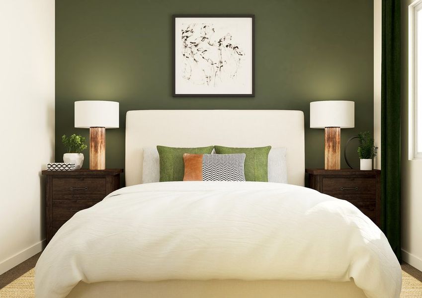 Rendering of a bedroom with a large white bed and two dark side tables. Rendering of a bedroom with a large white bed and two dark side tables.