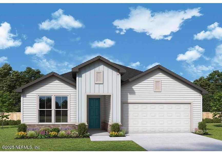 Front exterior of a new home in Tributary 50', Yulee, FL, highlighting curb appeal (Image 1).