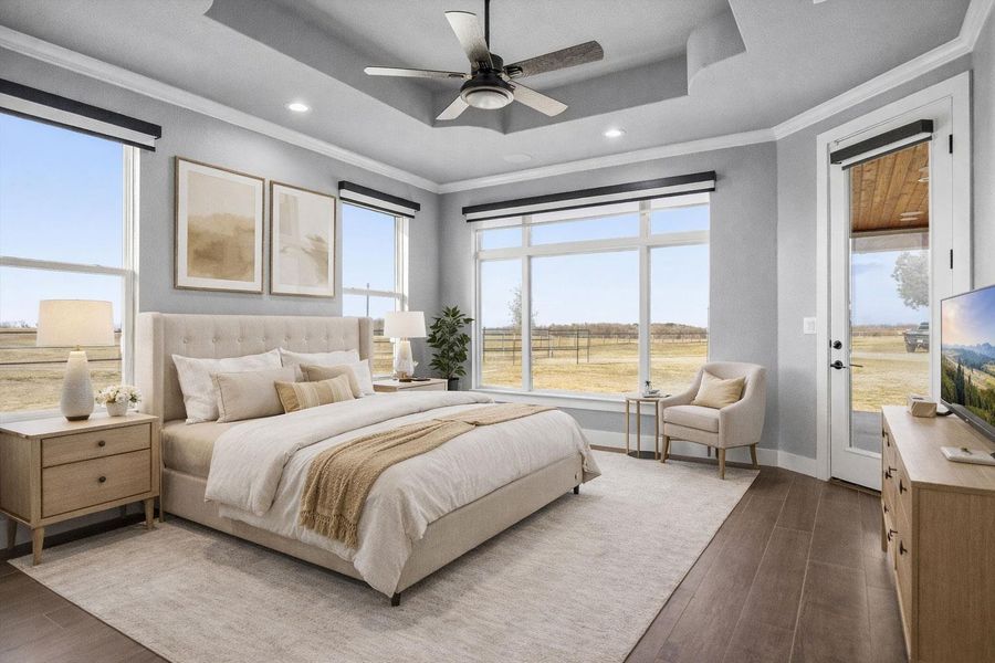 Bedroom with crown molding, ceiling fan, dark wood-style floors, recessed lighting, and a raised ceiling
