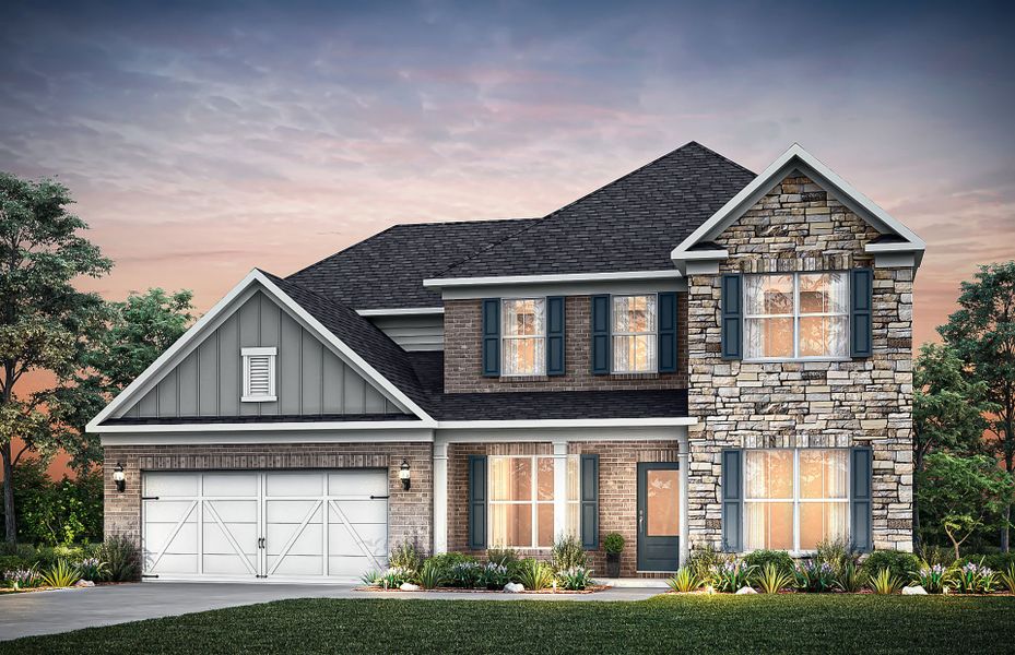 Representative exterior photo of a completed home built from the Wingate by Pulte Homes in Riversprings, Dacula, GA (Image 28). Representative exterior photo of a completed home built from the Wingate by Pulte Homes in Riversprings, Dacula, GA (Image 28).