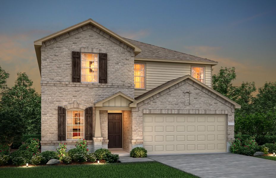 Front exterior of a new home in Lagos, Manor, TX, highlighting curb appeal (Image 1). Front exterior of a new home in Lagos, Manor, TX, highlighting curb appeal (Image 1).