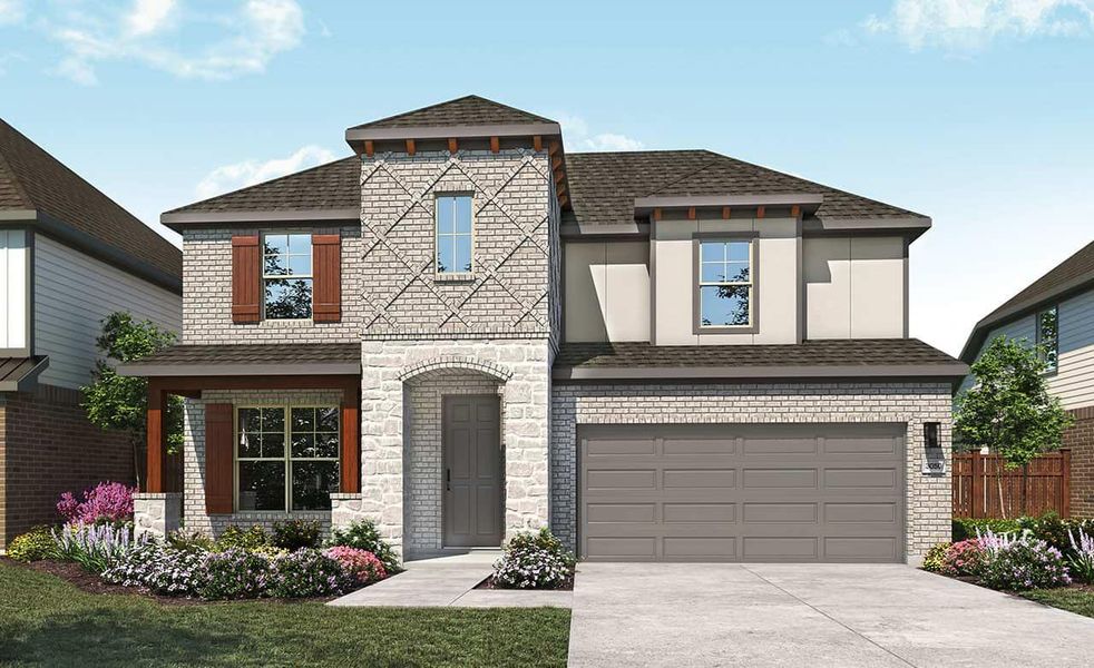 View of front of house with fence, concrete driveway, an attached garage, a shingled roof, and brick siding