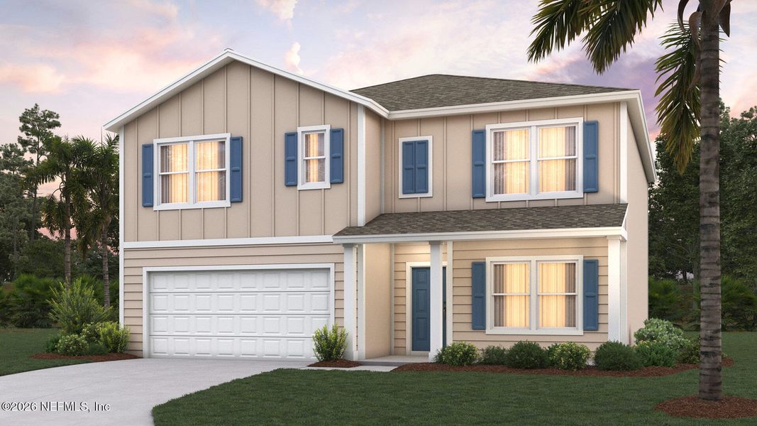 Front exterior of a new home in The Arbors, Jacksonville, FL, highlighting curb appeal (Image 1). Front exterior of a new home in The Arbors, Jacksonville, FL, highlighting curb appeal (Image 1).