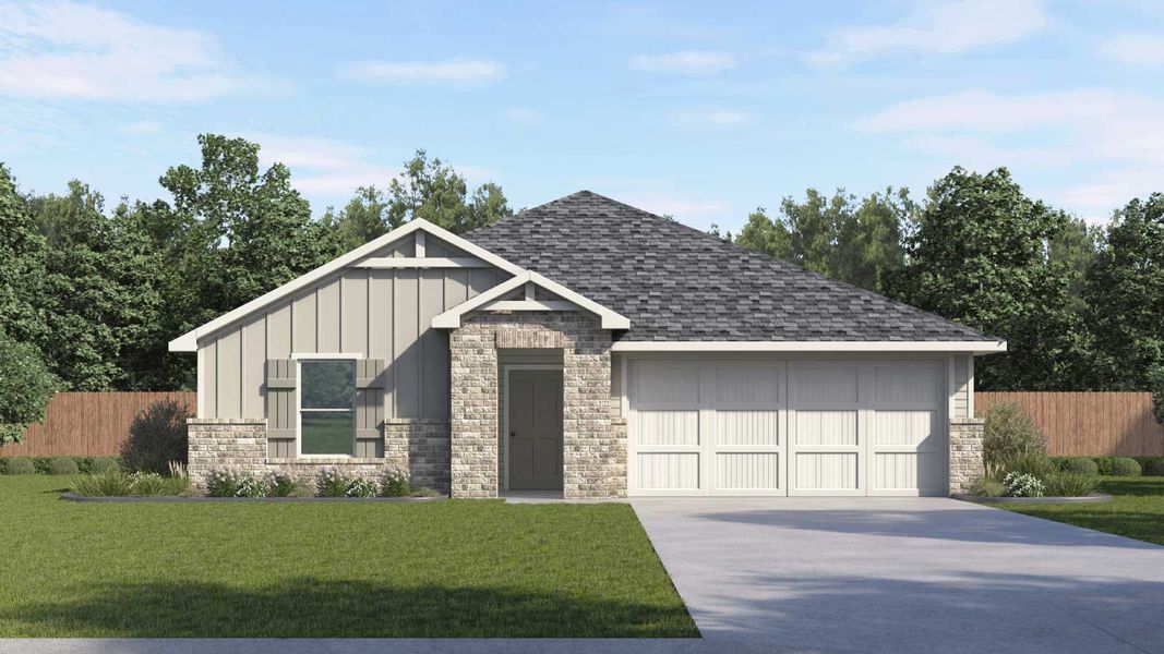 Representative exterior photo of a completed home built from the The Justin by D.R. Horton in Carillon, Manor, TX (Image 4).